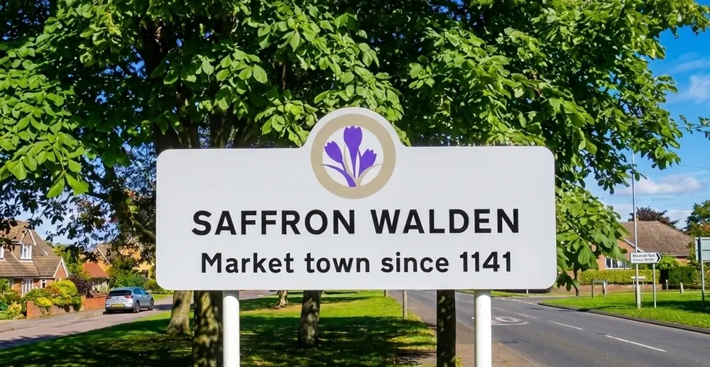 Saffron Walden market town, St Mary's Church spire above the medieval streets
